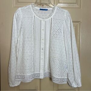 J. McLaughlin White Eyelet Button-Front Women's Top Blouse
